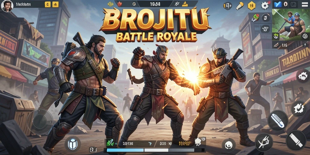 Screenshot gameplay BROJITU menampilkan pertarungan seru di pulau yang luas.