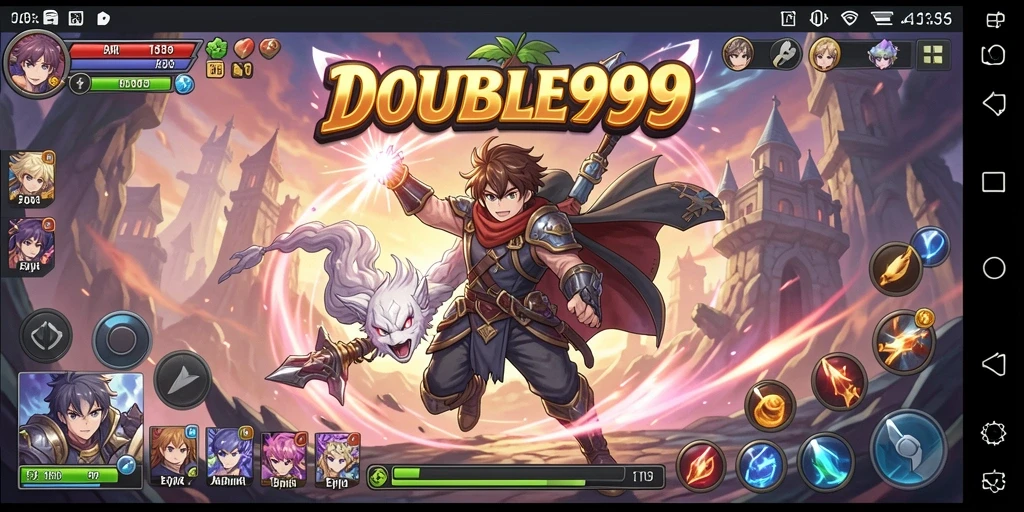 Screenshot gameplay DOUBLE999 yang menunjukkan aksi seru karakter anime.