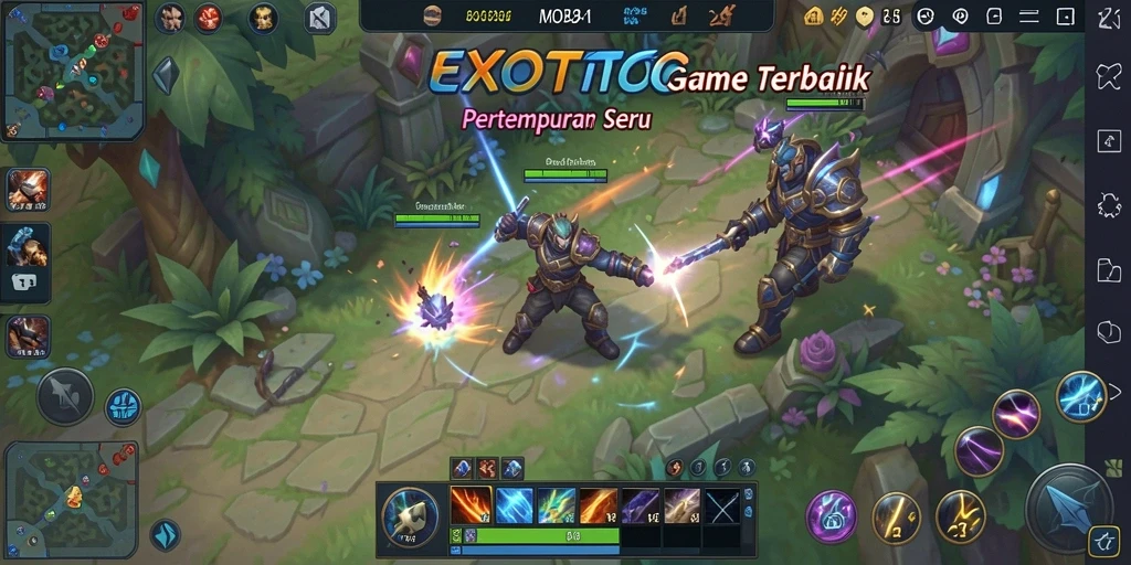Tangkapan layar gameplay EXOTOTO dengan aksi seru pahlawan MOBA.