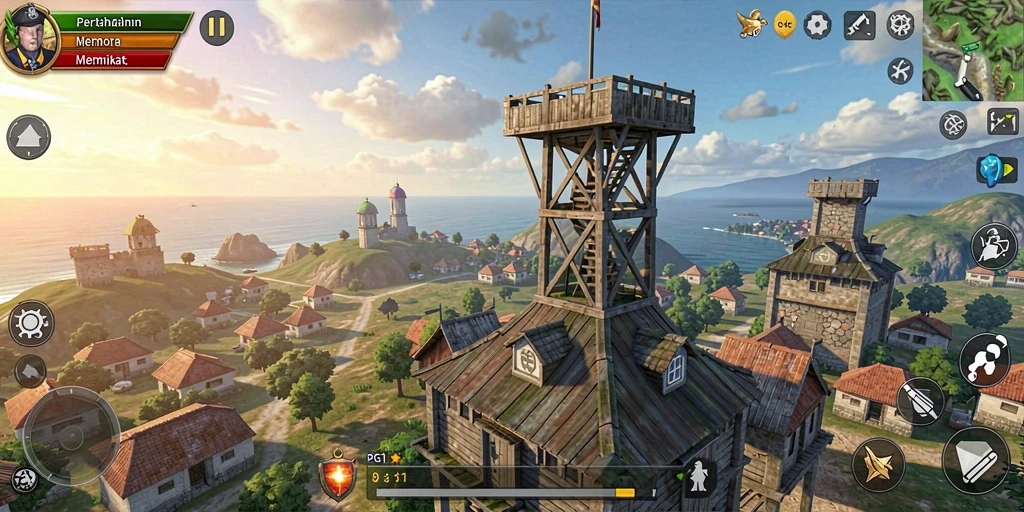 Tampilan gameplay yang mengasyikkan dari PG11 dengan menara dan musuh.