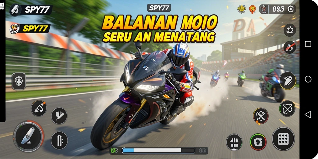 Tampilan gameplay SPY77 dengan balapan motor yang intens.