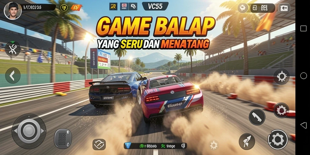 Tangkapan layar gameplay VC55 menampilkan mobil balap di trek menantang.